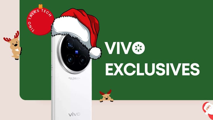 Festive banner featuring a Vivo x100 Ultra with a Santa hat on its camera module. The text 'VIVO EXCLUSIVES' is displayed in bold white letters on a green background with a Christmas ornament labeled 'Tino Talks Tech.' Decorative reindeer and a Santa figure add a cheerful holiday touch.