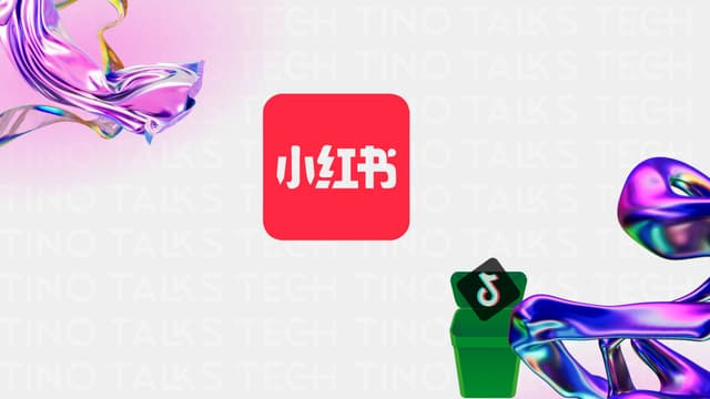 Image featuring the logo of Xiaohongshu (RedNote) prominently displayed alongside a trash can with the TikTok logo inside, symbolizing the shift from TikTok to RedNote amidst the U.S. TikTok ban. The background has vibrant digital elements and the text 'Tino Talks Tech.'